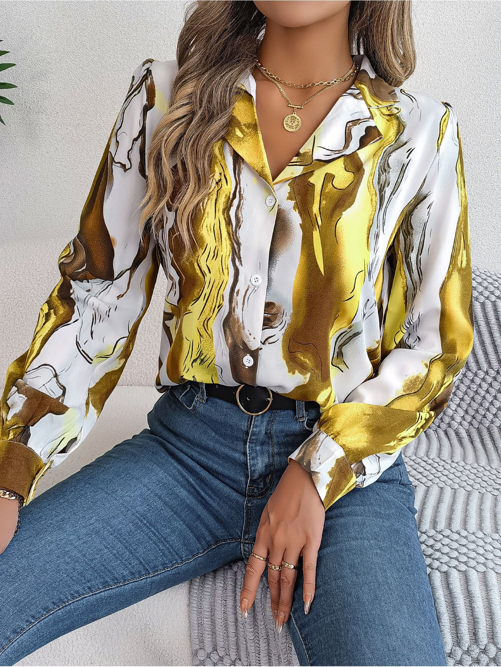 Abstract Marble Print Button Down Shirt - Yellow - 1