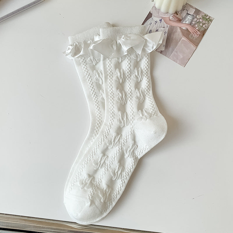 Ribbon Bow Frill Cuff Knit Socks - Color_01