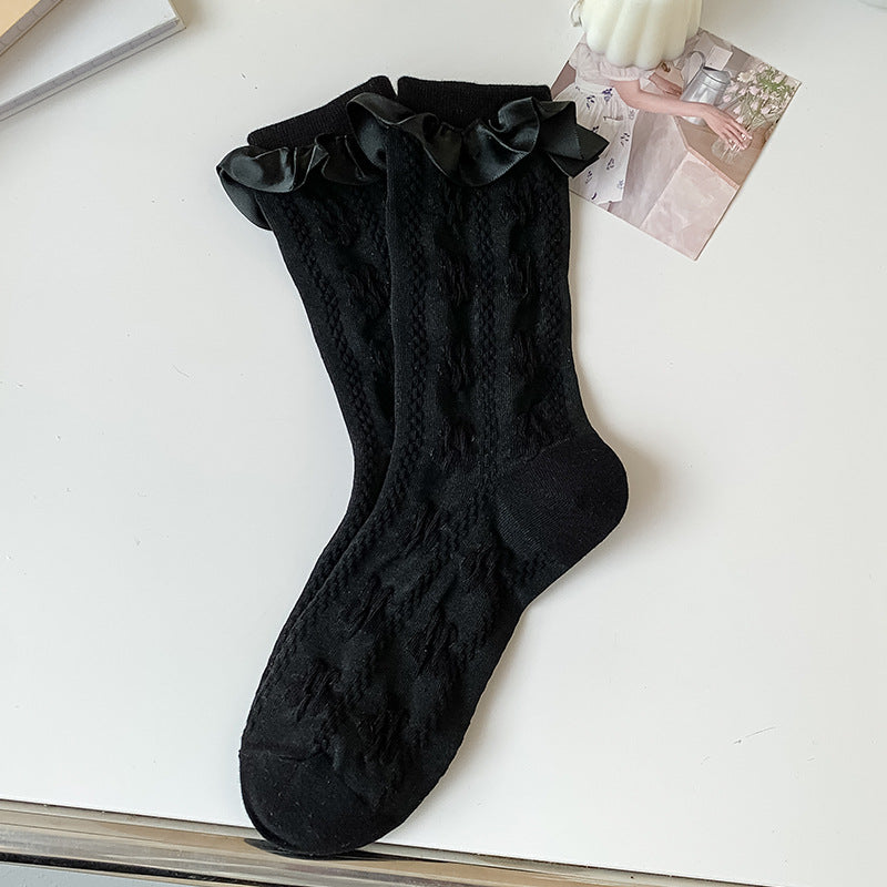 Ribbon Bow Frill Cuff Knit Socks - Color_02