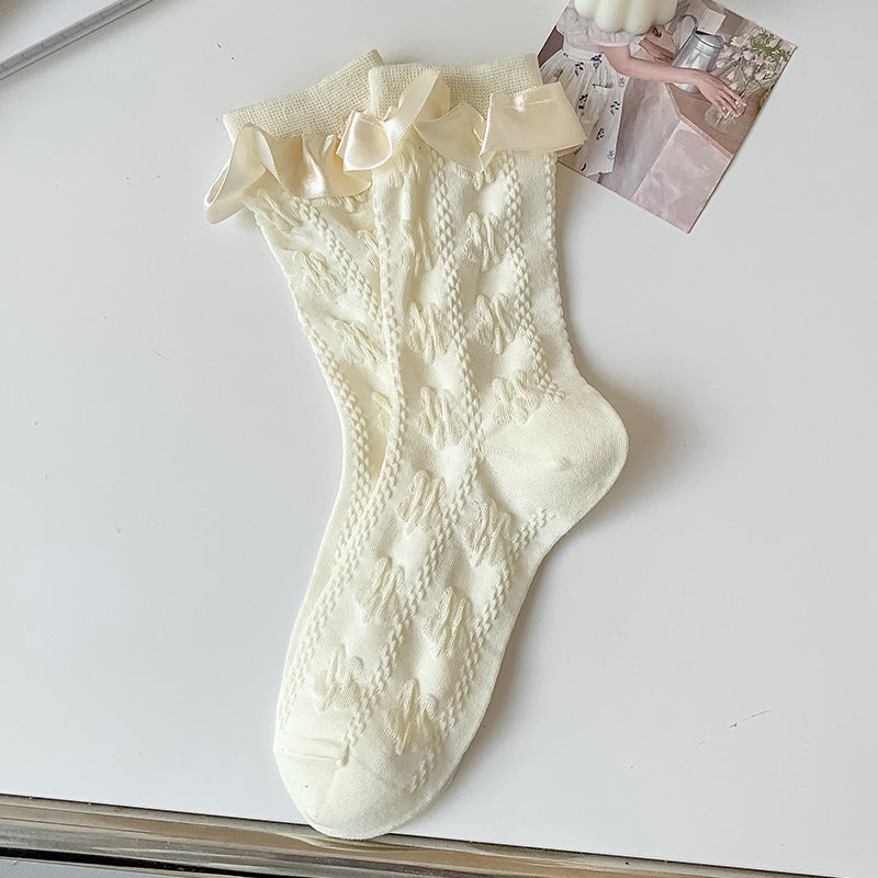 Ribbon Bow Frill Cuff Knit Socks - Color_03