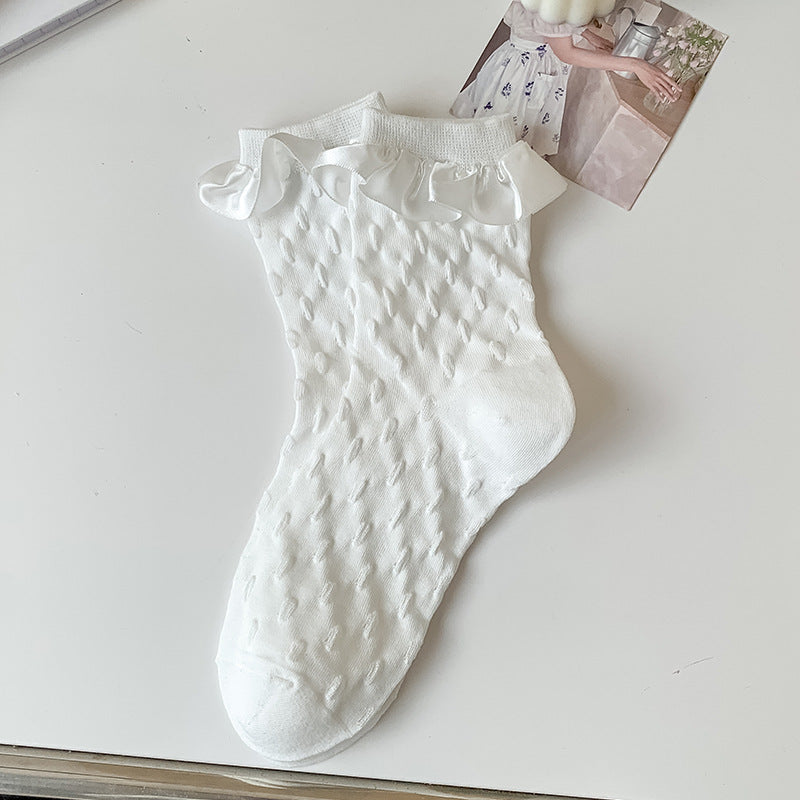 Ribbon Bow Frill Cuff Knit Socks - Color_04