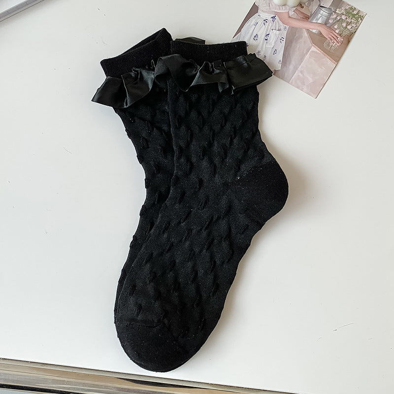 Ribbon Bow Frill Cuff Knit Socks - Color_05