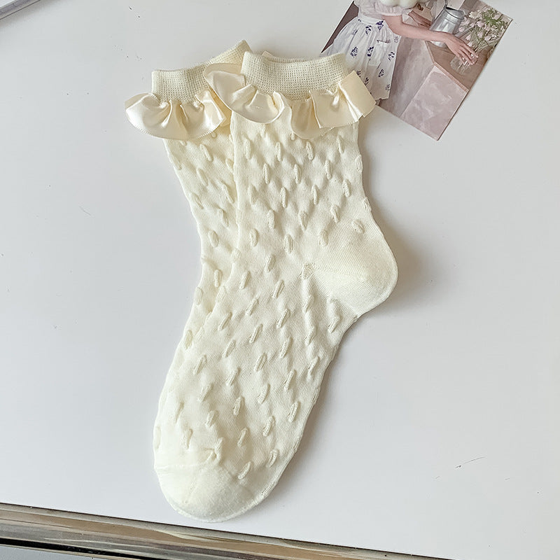 Ribbon Bow Frill Cuff Knit Socks - Color_06