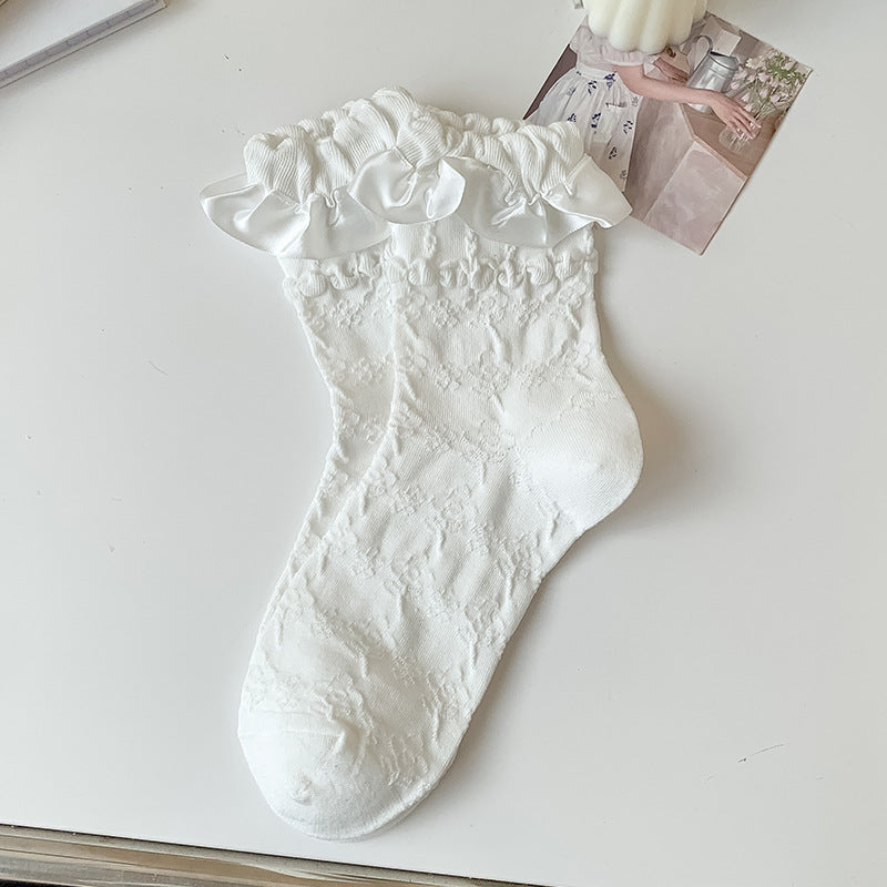 Ribbon Bow Frill Cuff Knit Socks - Color_07