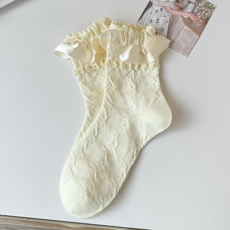 Ribbon Bow Frill Cuff Knit Socks - Color_09