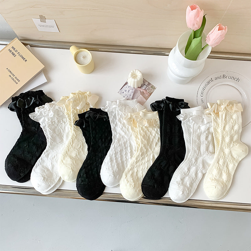 Ribbon Bow Frill Cuff Knit Socks