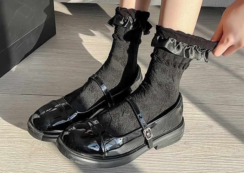 Ribbon Bow Frill Cuff Knit Socks - view 1