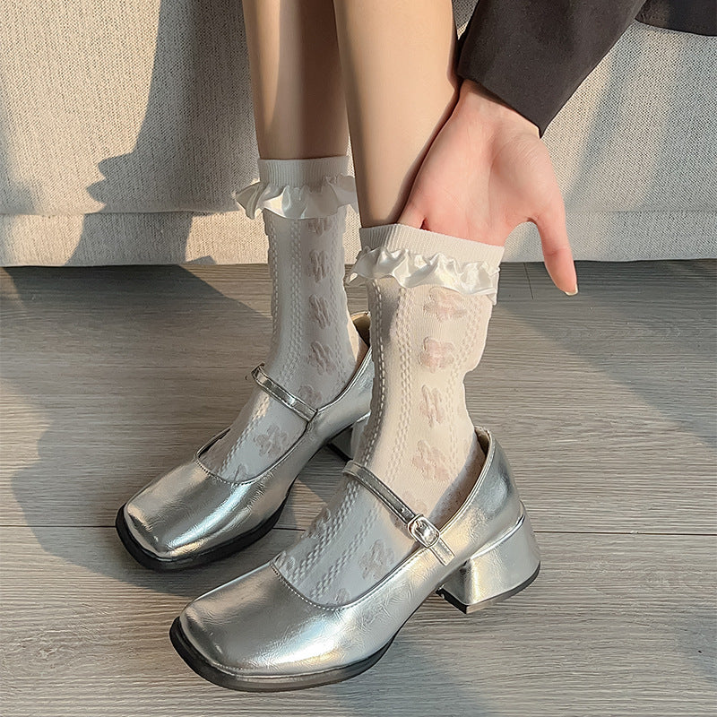 Ribbon Bow Frill Cuff Knit Socks - view 2