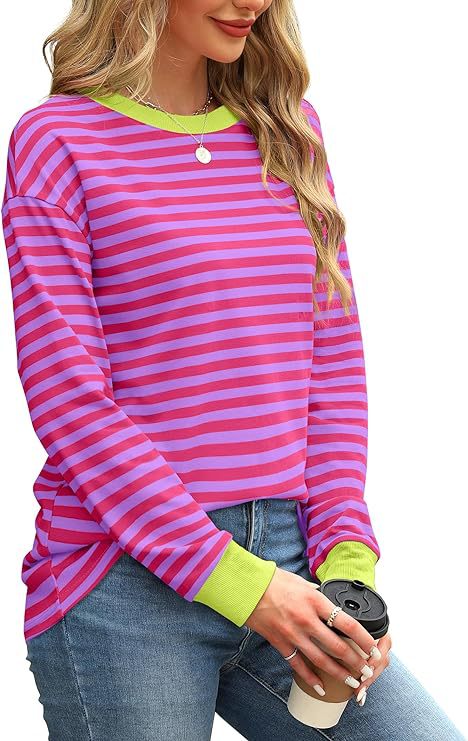 Ringer Trim Striped Crewneck Long Sleeve Top - Pink