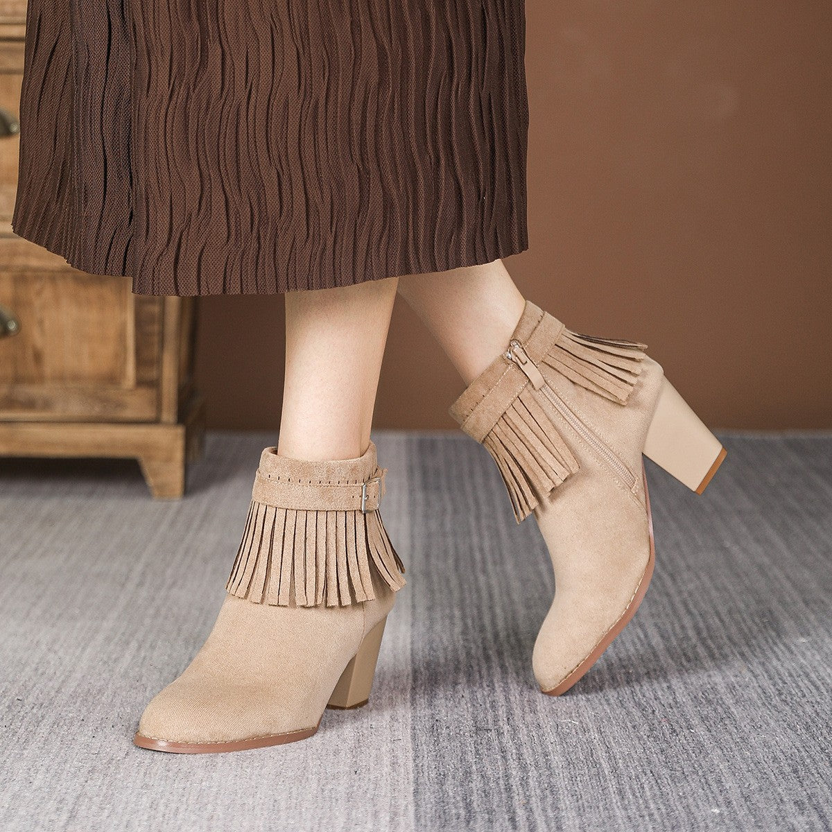 Faux Suede Fringe Block Heel Ankle Boots - Apricot