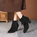 Faux Suede Fringe Block Heel Ankle Boots - Black