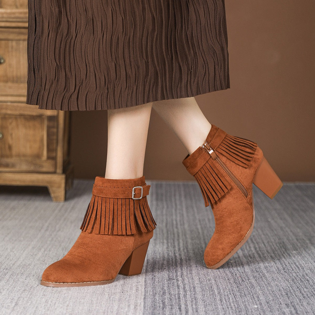 Faux Suede Fringe Block Heel Ankle Boots - Camel