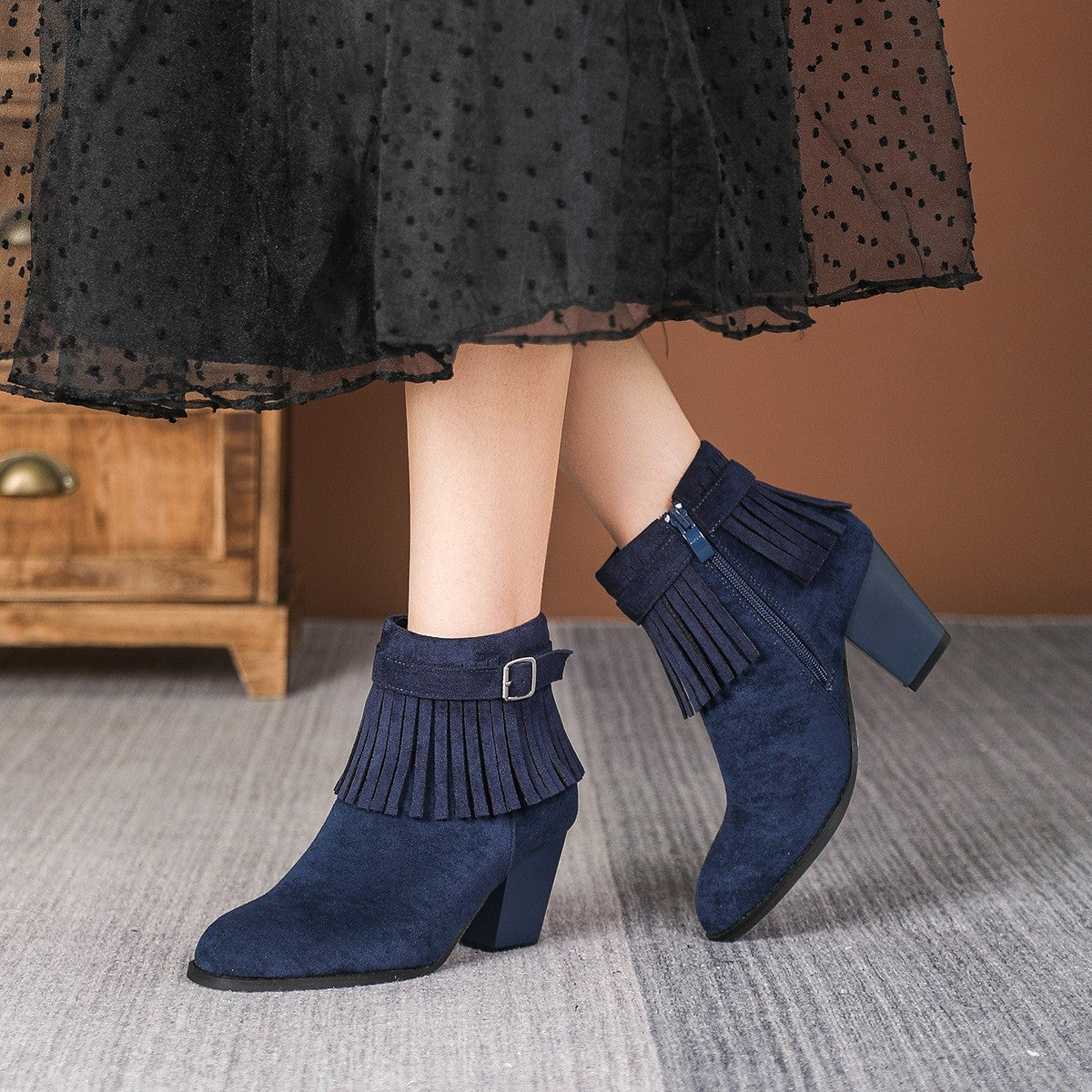 Faux Suede Fringe Block Heel Ankle Boots - Navy