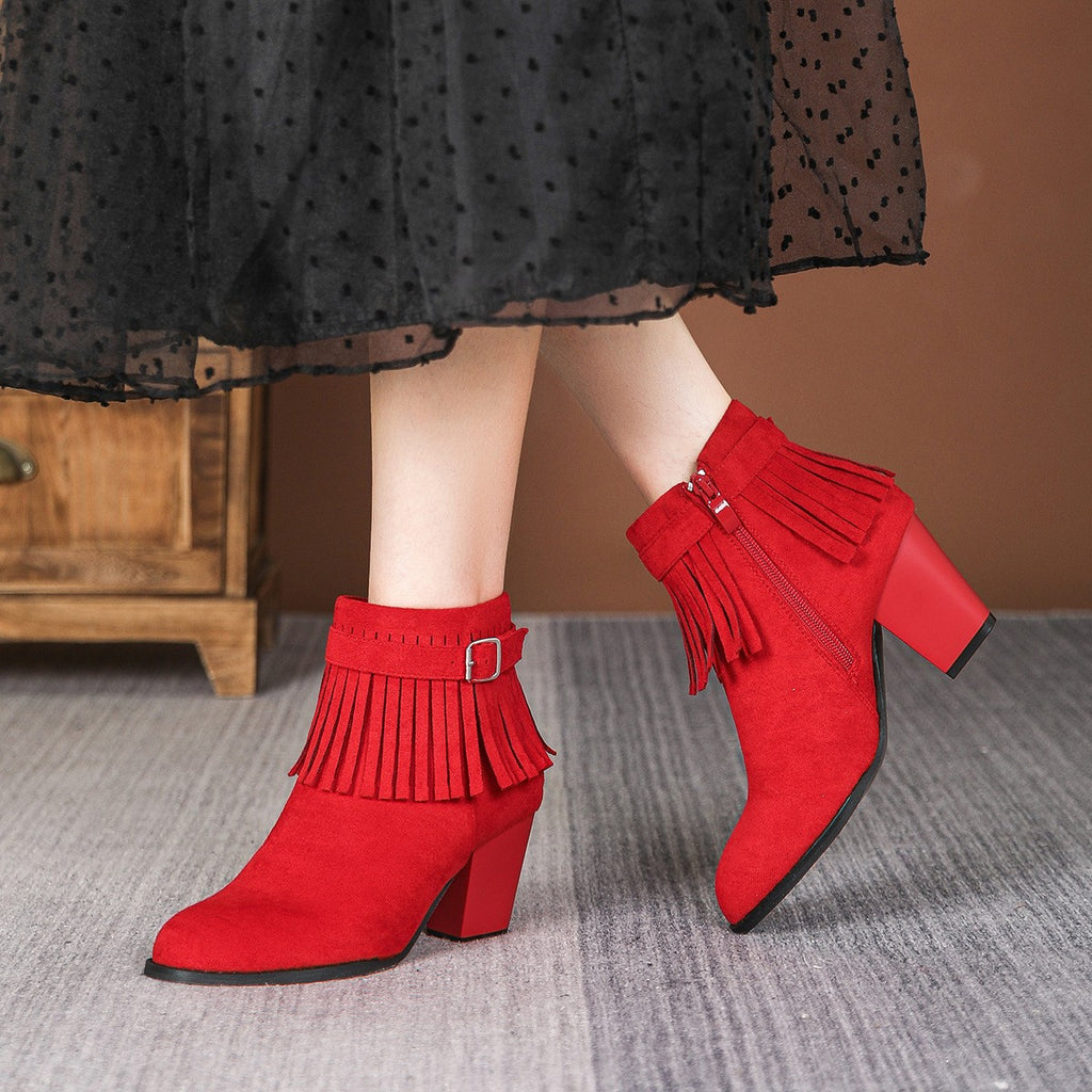 Faux Suede Fringe Block Heel Ankle Boots - Red