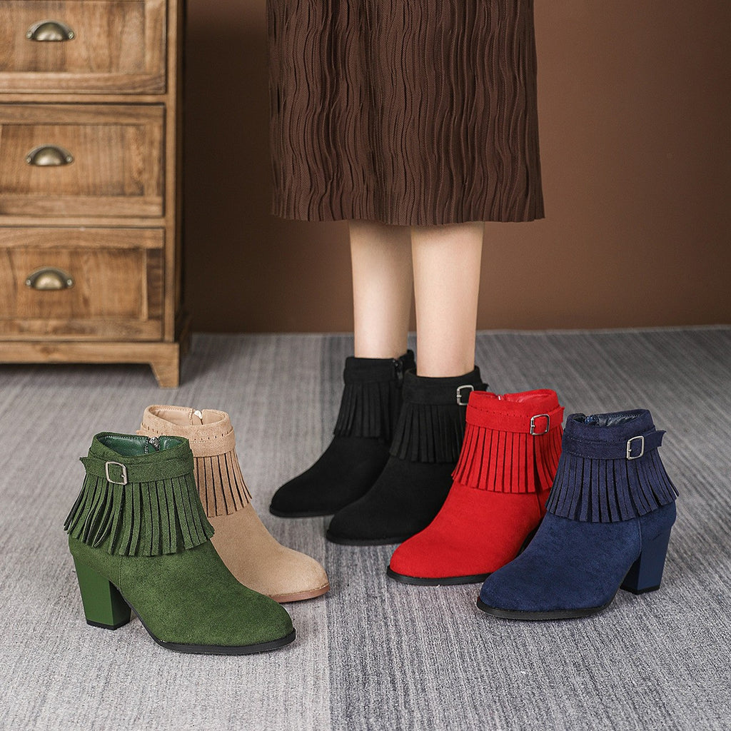 Faux Suede Fringe Block Heel Ankle Boots