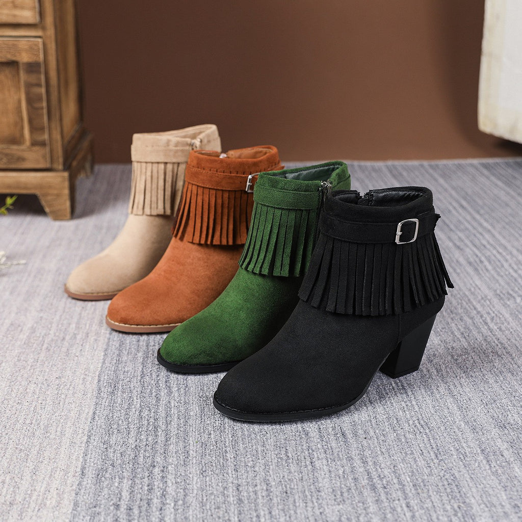 Faux Suede Fringe Block Heel Ankle Boots