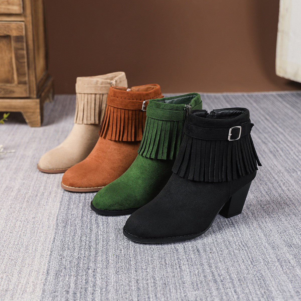 Faux Suede Fringe Block Heel Ankle Boots
