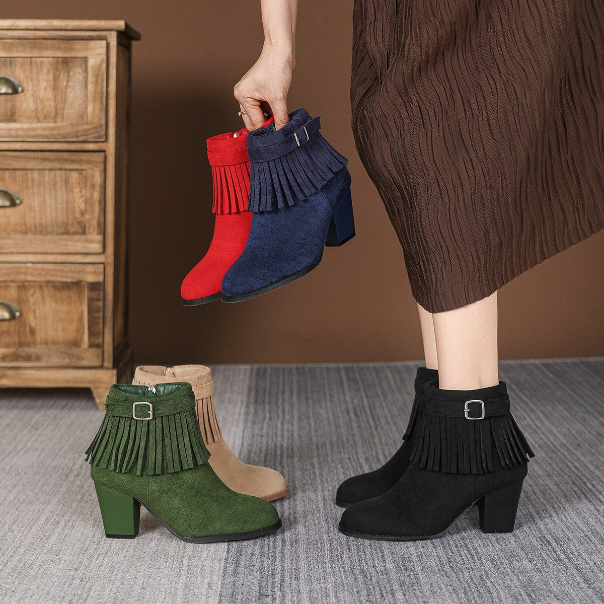 Faux Suede Fringe Block Heel Ankle Boots
