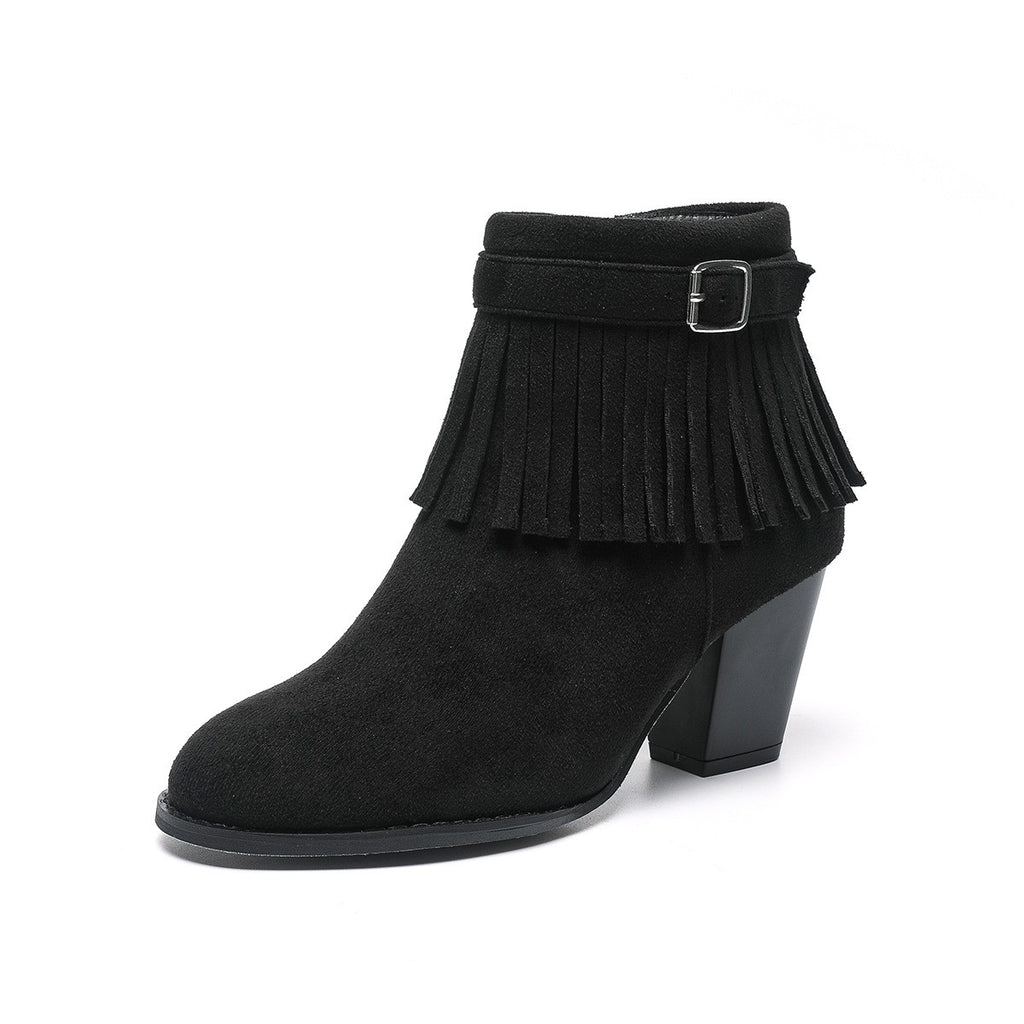 Faux Suede Fringe Block Heel Ankle Boots