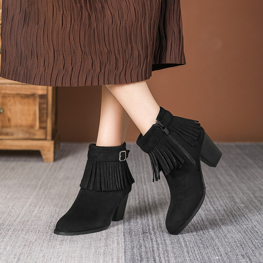Faux Suede Fringe Block Heel Ankle Boots
