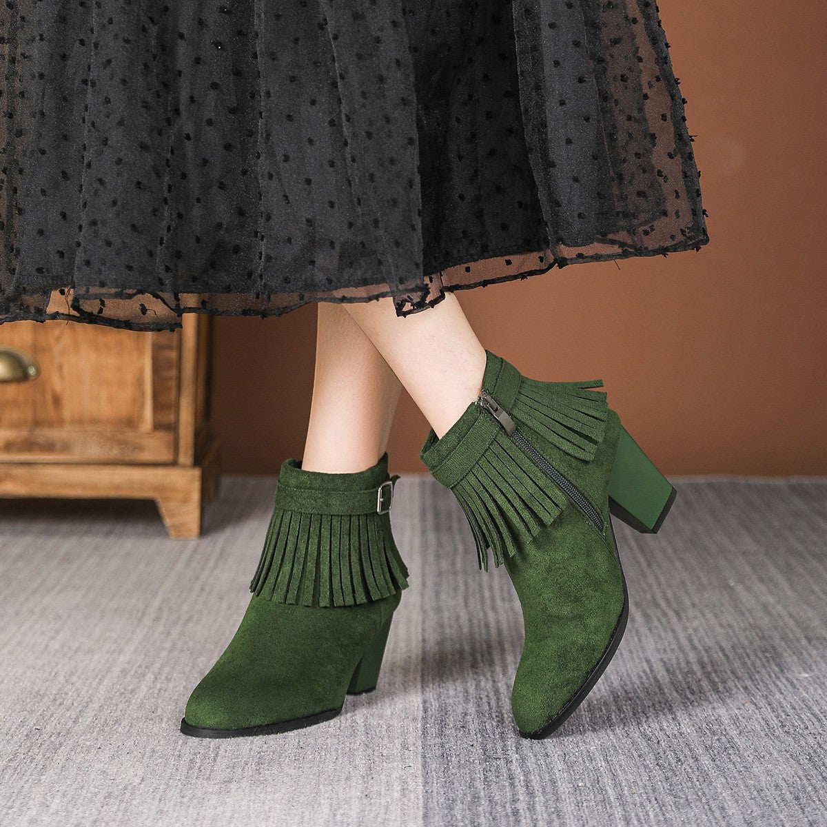 Faux Suede Fringe Block Heel Ankle Boots