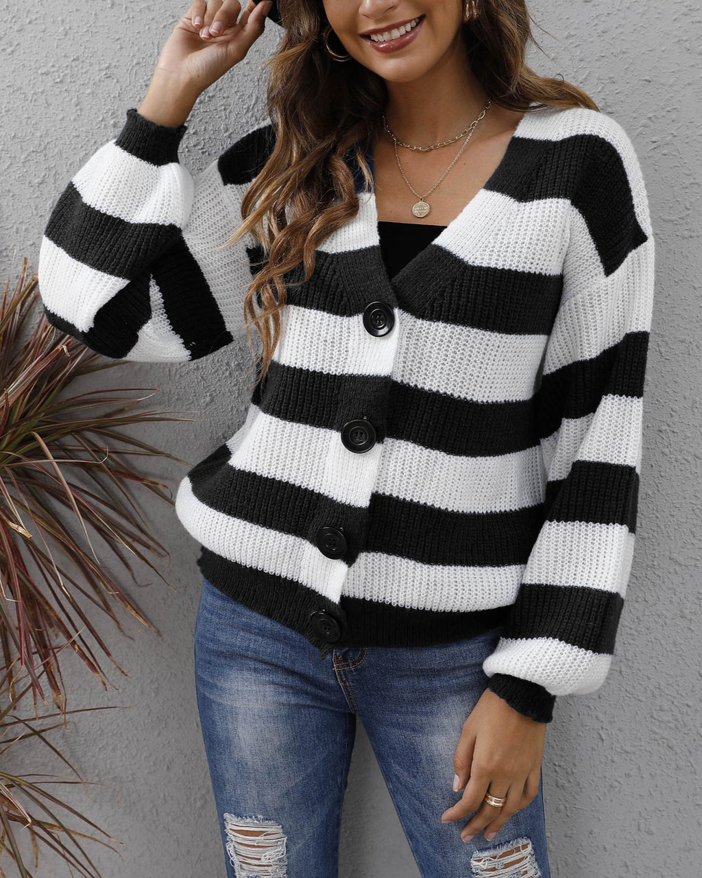 Wide Stripe V-Neck Button Knit Cardigan - Black