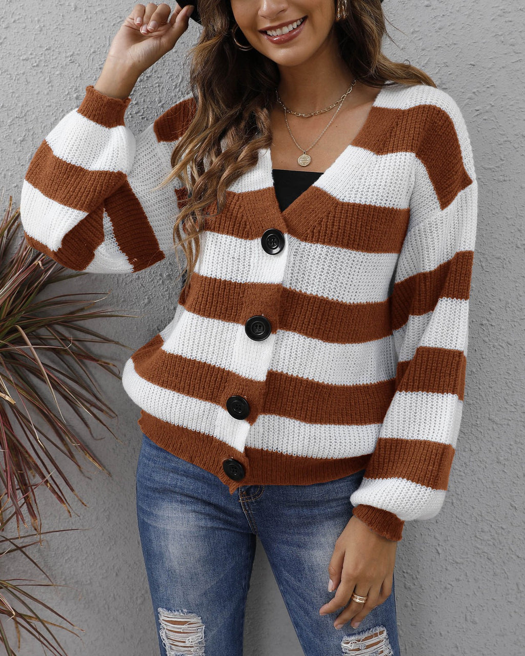 Wide Stripe V-Neck Button Knit Cardigan - Brown - 1