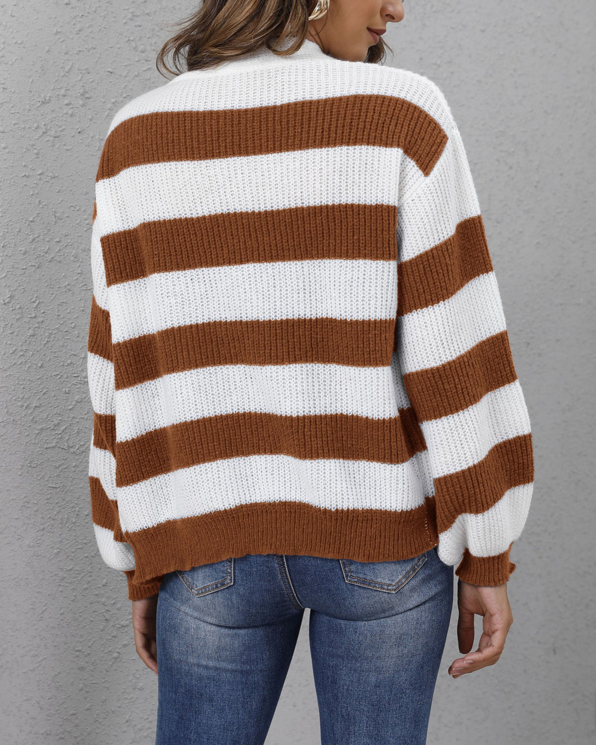 Wide Stripe V-Neck Button Knit Cardigan - Brown - 3