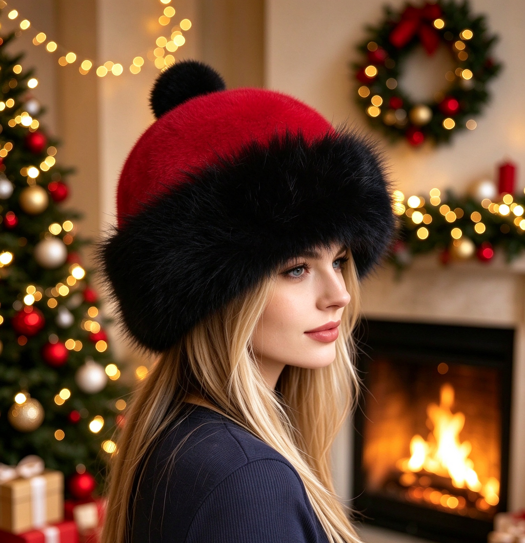 Fluffy Faux Fur Cuff Santa Beanie with Pom Pom - BRed - 1