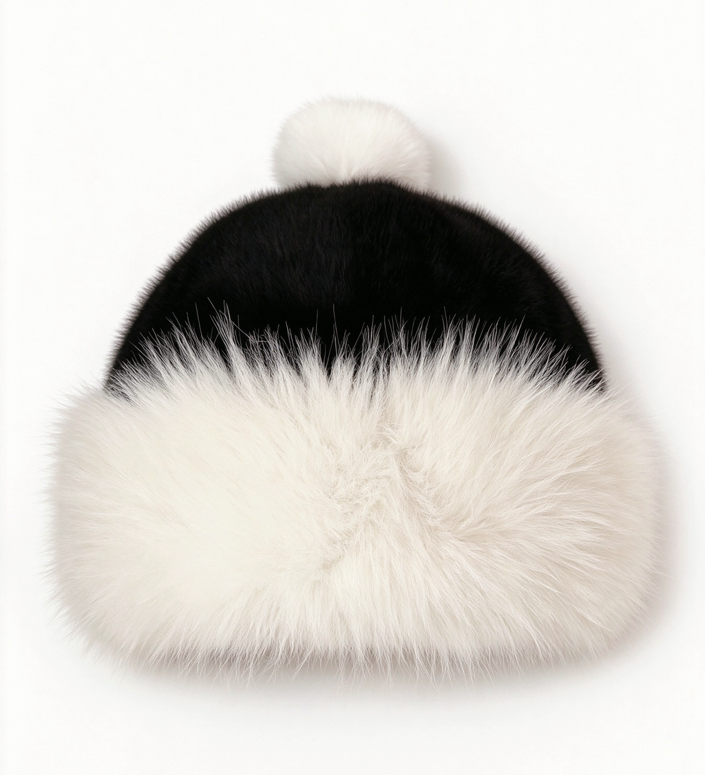 Fluffy Faux Fur Cuff Santa Beanie with Pom Pom - Black