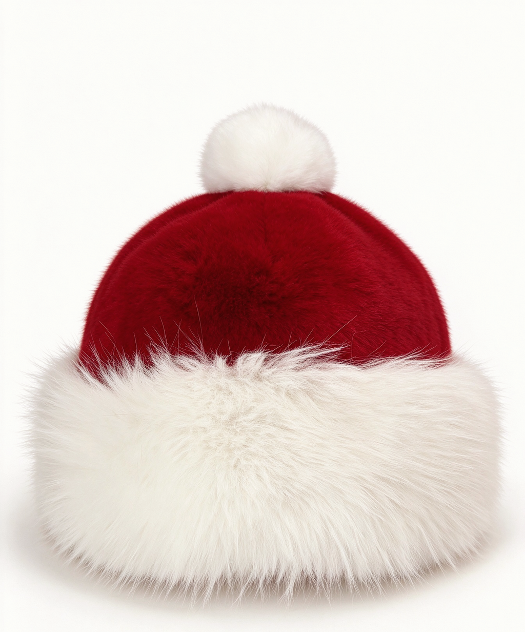 Fluffy Faux Fur Cuff Santa Beanie with Pom Pom - WRed - 1