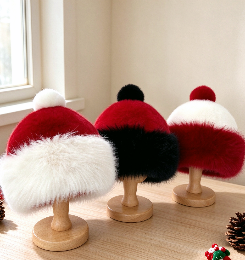 Fluffy Faux Fur Cuff Santa Beanie with Pom Pom - WRed - 3