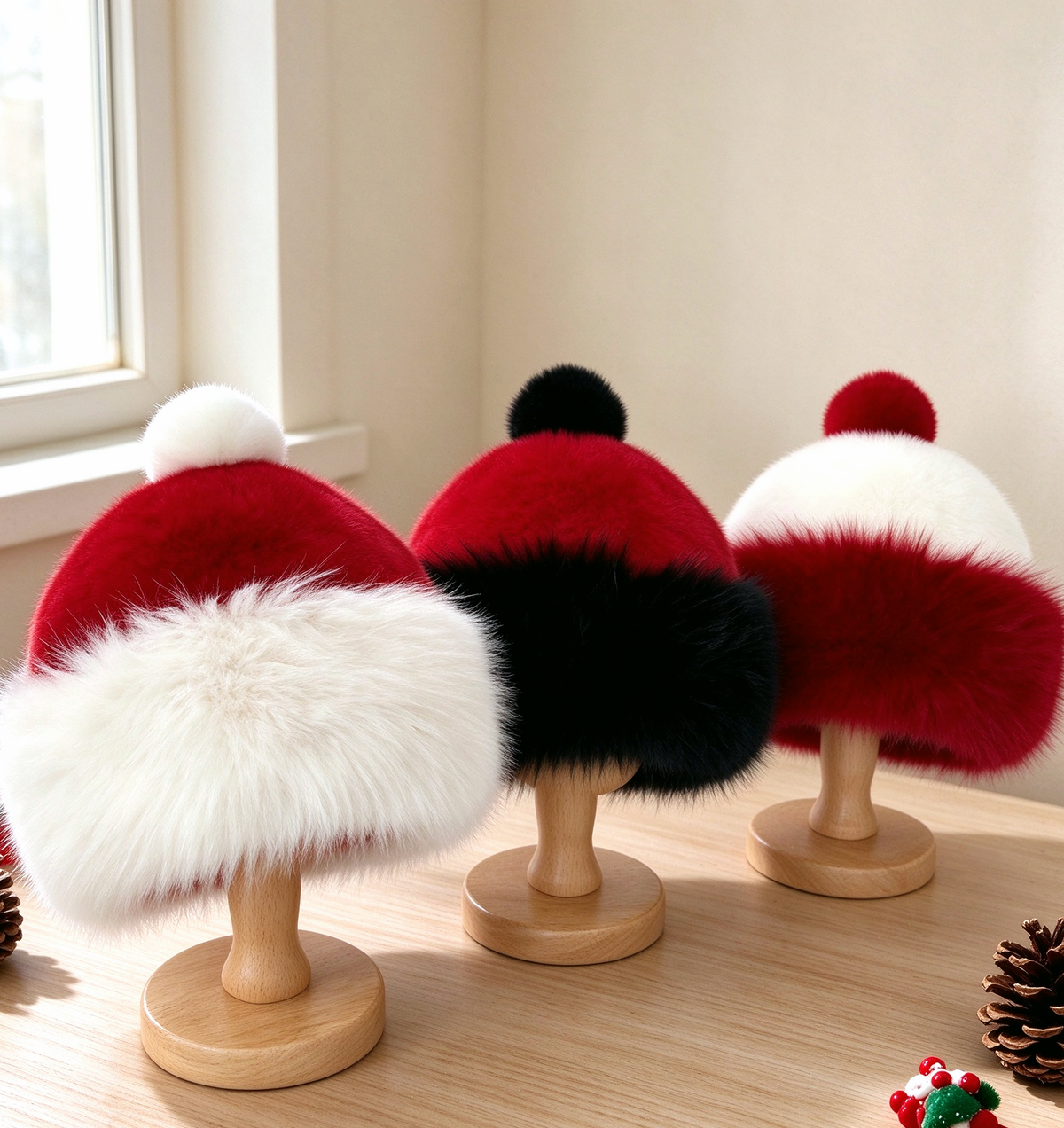 Fluffy Faux Fur Cuff Santa Beanie with Pom Pom - WRed - 3