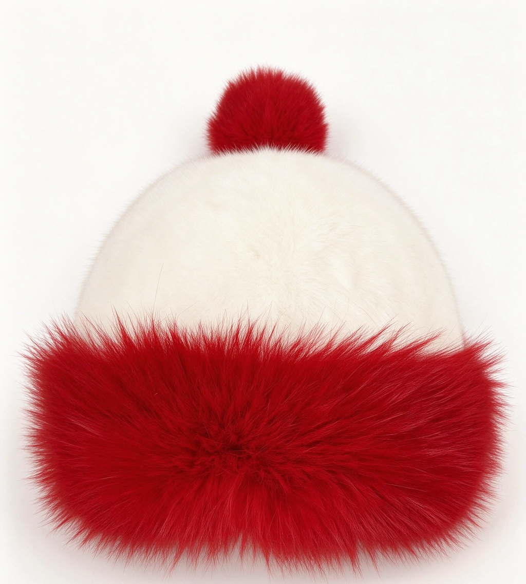 Fluffy Faux Fur Cuff Santa Beanie with Pom Pom - White
