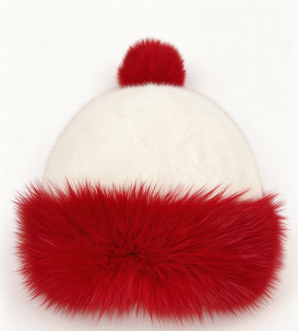 Fluffy Faux Fur Cuff Santa Beanie with Pom Pom - White