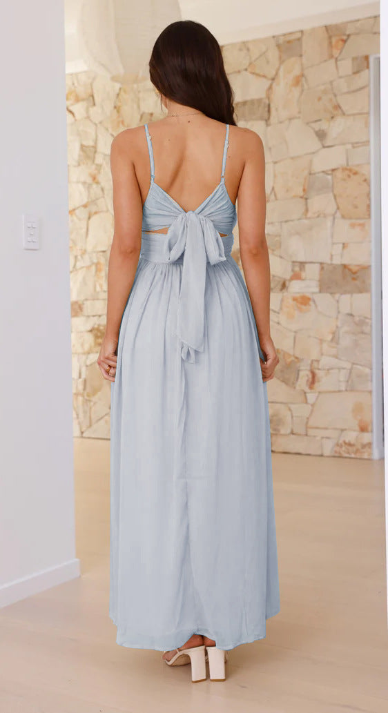 Bow Back Chiffon Strappy Maxi Dress - blue