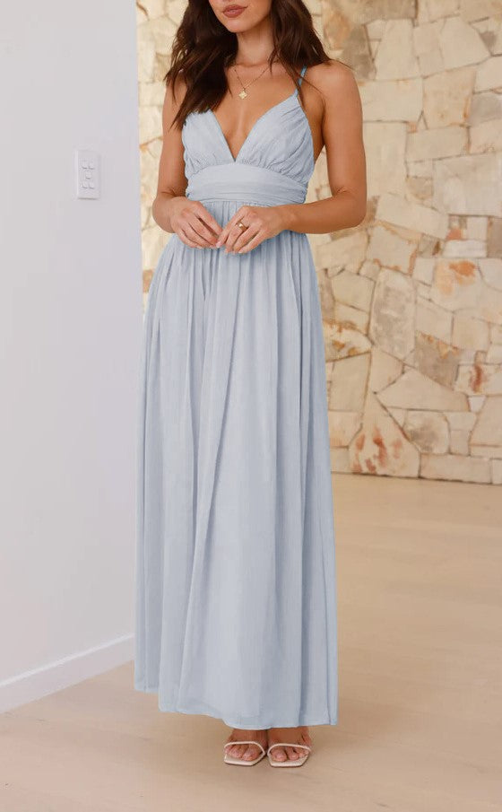 Bow Back Chiffon Strappy Maxi Dress - blue - 1