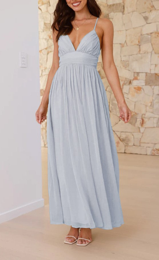 Bow Back Chiffon Strappy Maxi Dress - blue - 3