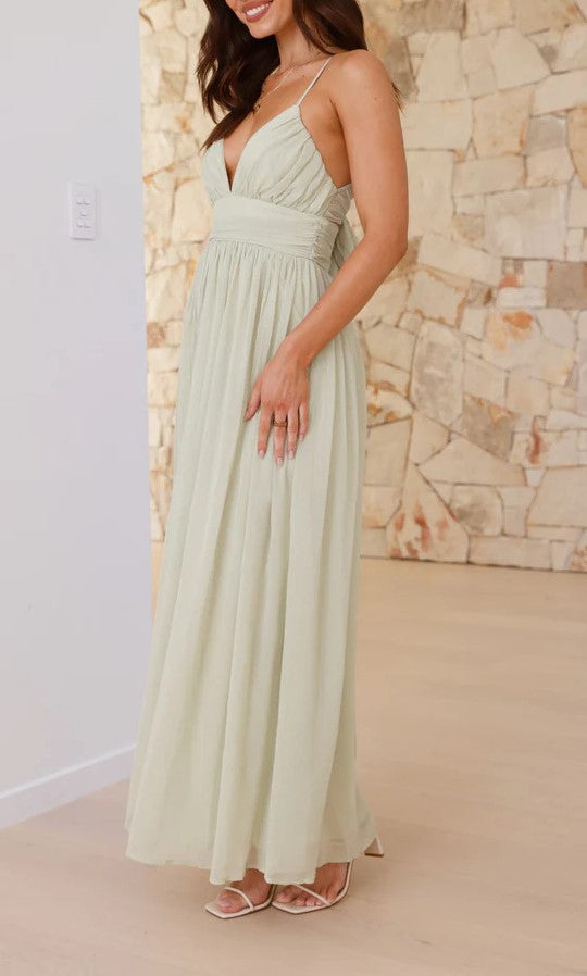 Bow Back Chiffon Strappy Maxi Dress - green - 1