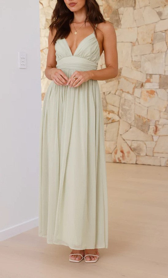Bow Back Chiffon Strappy Maxi Dress - green - 3