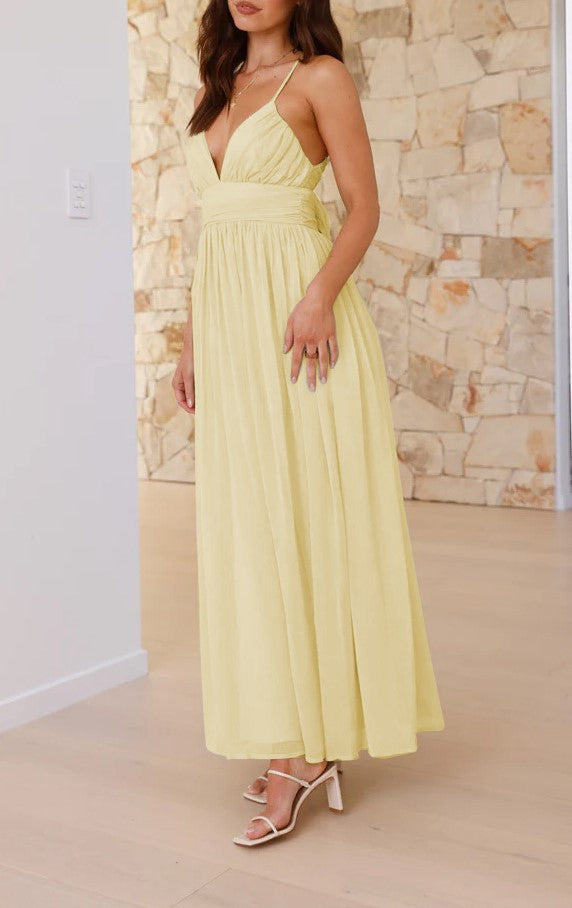 Bow Back Chiffon Strappy Maxi Dress - yellow - 1