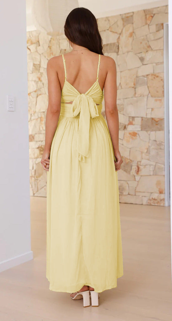 Bow Back Chiffon Strappy Maxi Dress - yellow - 3