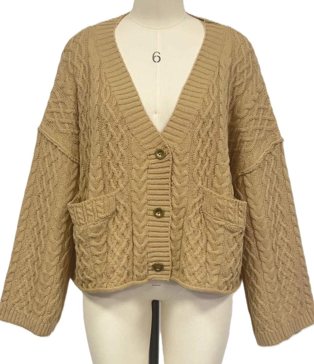 Cable Knit Slouchy V Neck Cardigan - Khaki