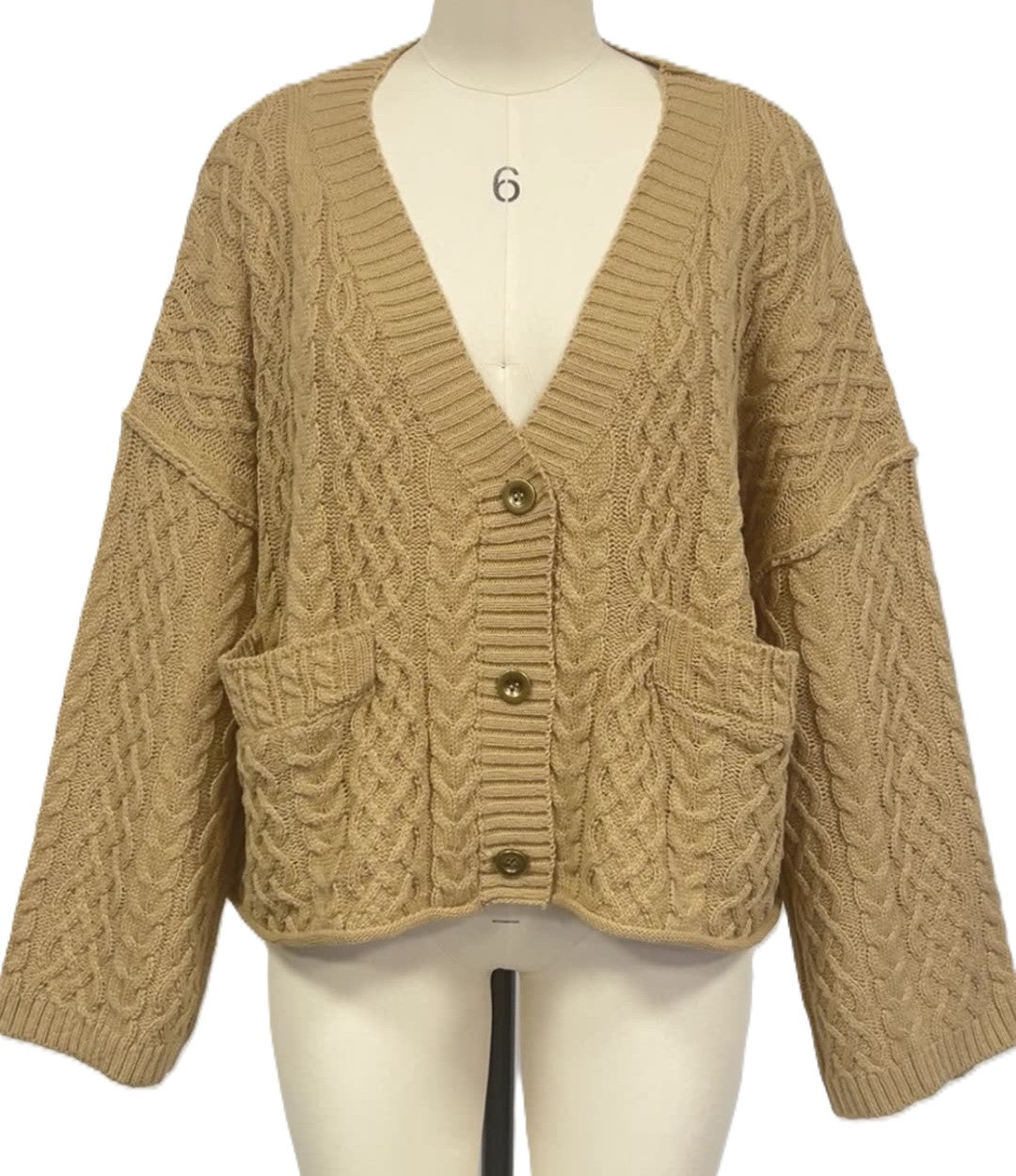 Cable Knit Slouchy V Neck Cardigan - Khaki