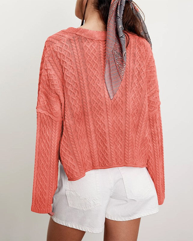 Cable Knit Slouchy V Neck Cardigan - Red - 1