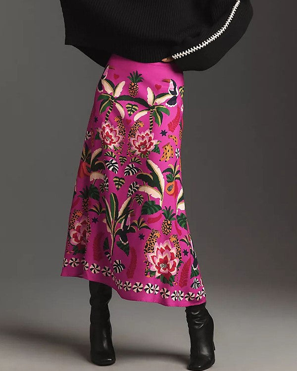 Vivid Garden Print A Line Midi Skirt - Rose Red
