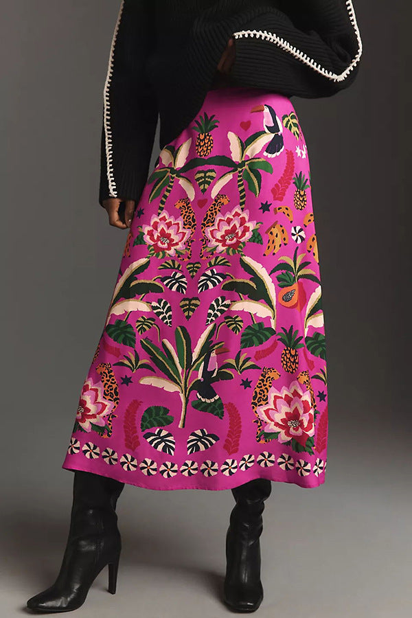 Vivid Garden Print A Line Midi Skirt - Rose Red - 1