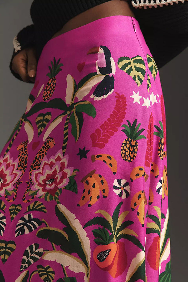 Vivid Garden Print A Line Midi Skirt - Rose Red - 2