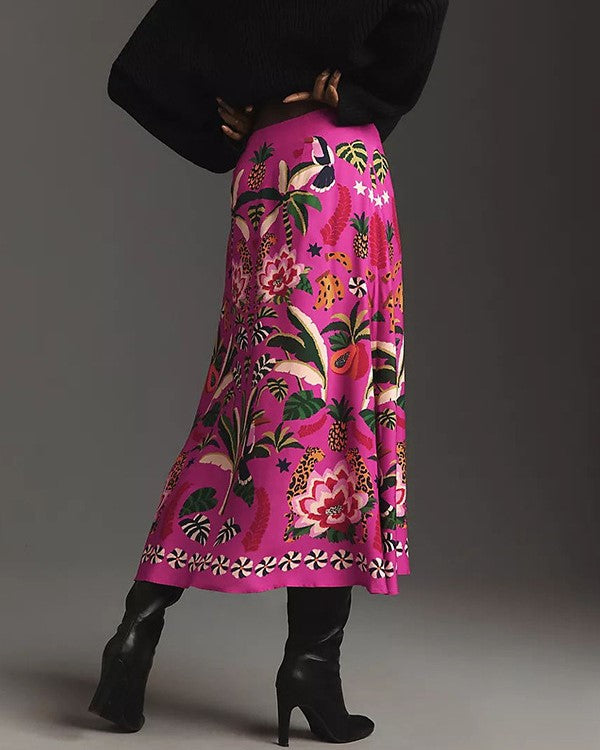 Vivid Garden Print A Line Midi Skirt - Rose Red - 3