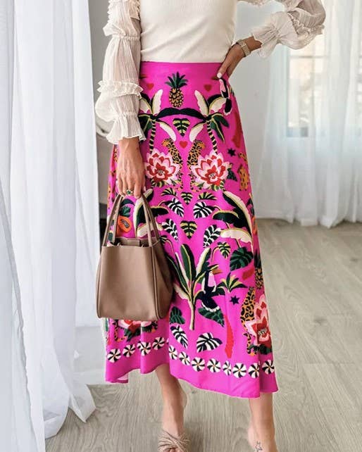 Vivid Garden Print A Line Midi Skirt